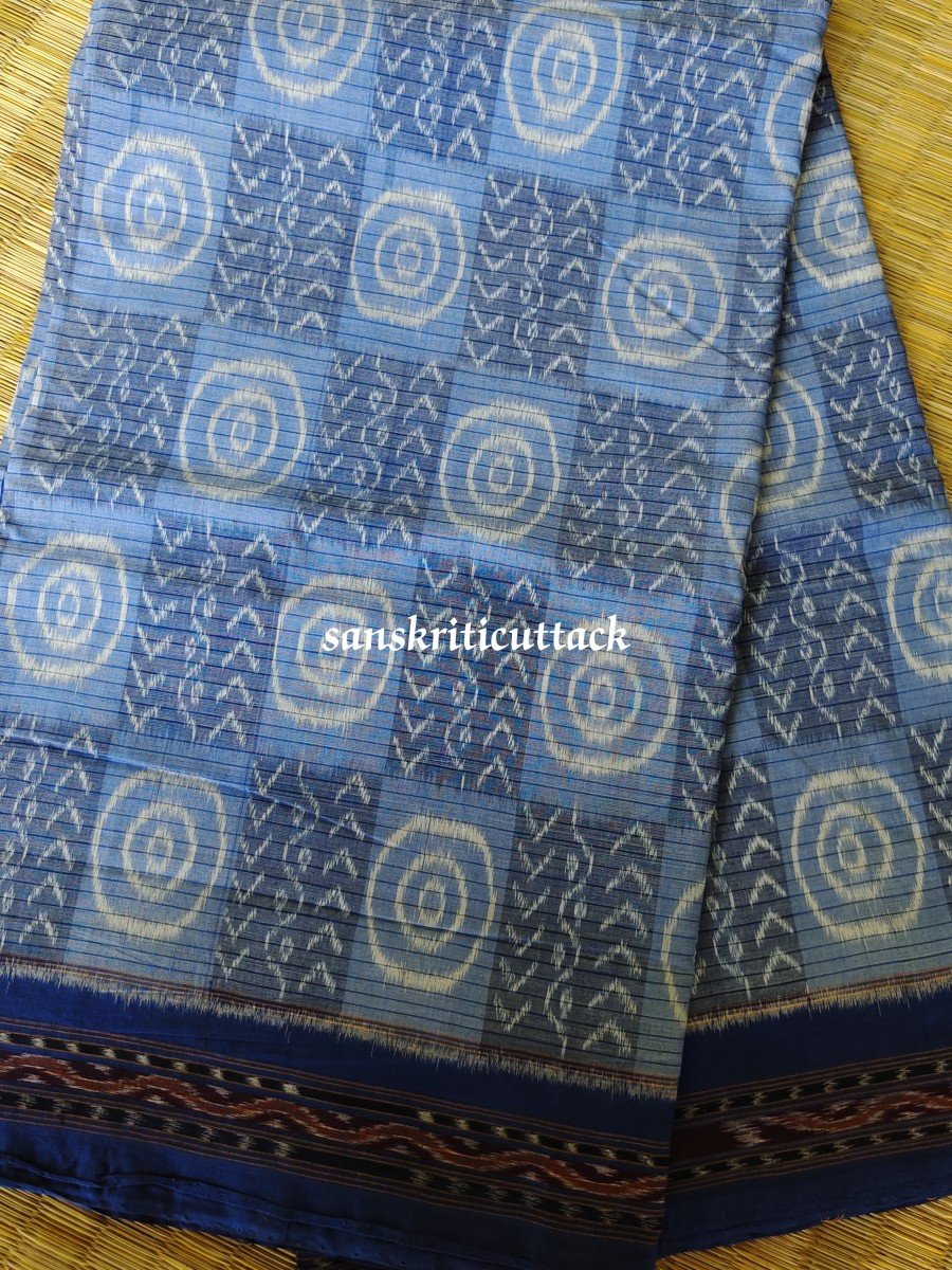 Contemporary Blue Ikat Handwoven Sambalpuri Cotton Saree - Image 6