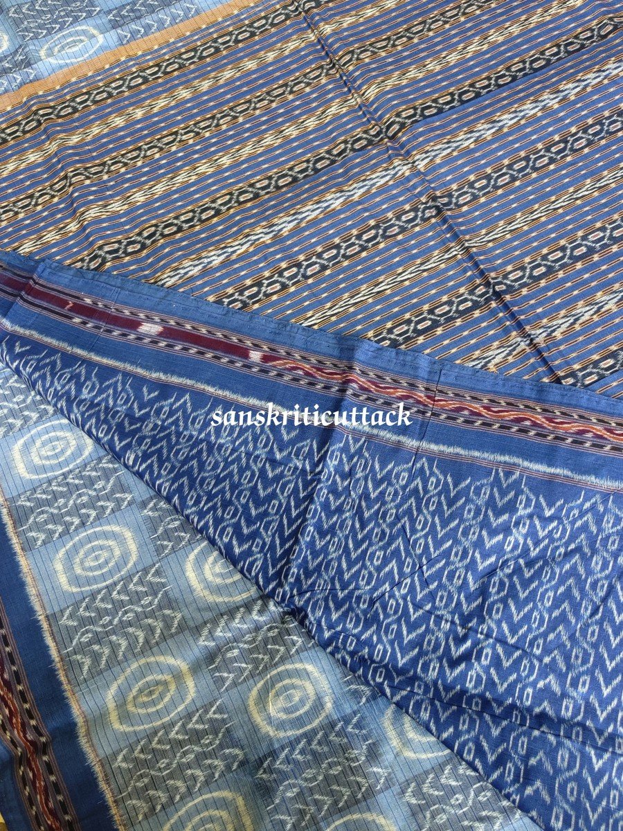 Contemporary Blue Ikat Handwoven Sambalpuri Cotton Saree - Image 3
