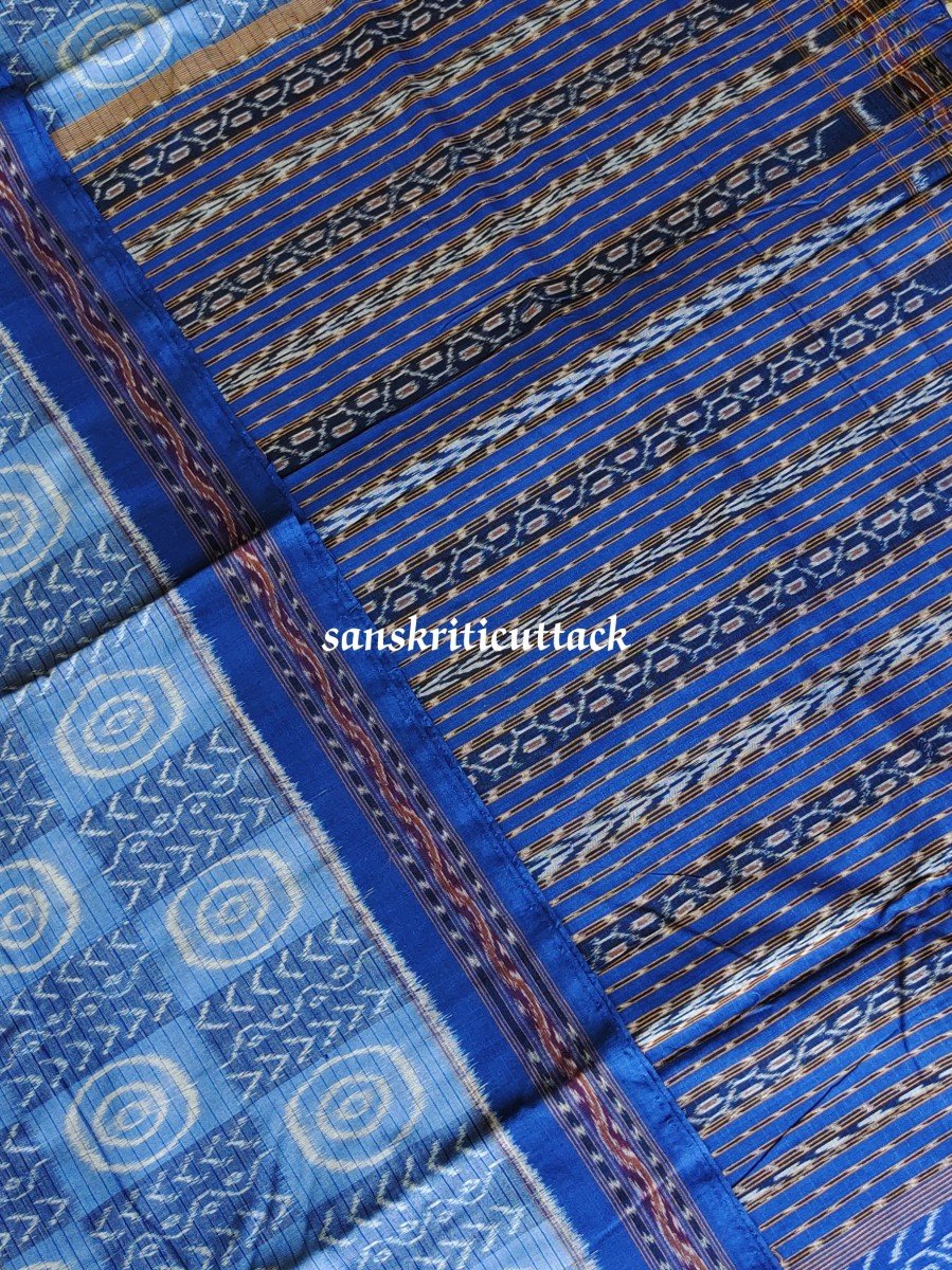 Contemporary Blue Ikat Handwoven Sambalpuri Cotton Saree - Image 2