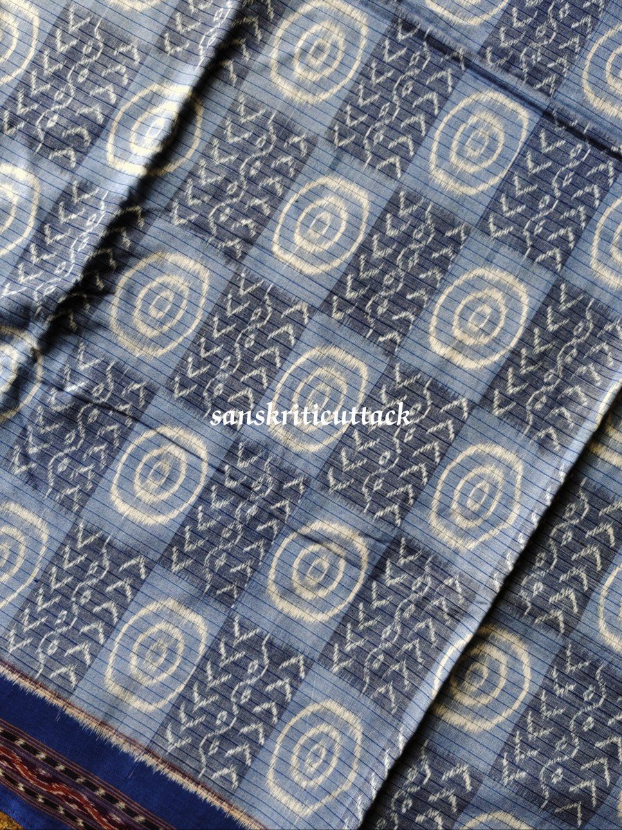 Contemporary Blue Ikat Handwoven Sambalpuri Cotton Saree - Image 5