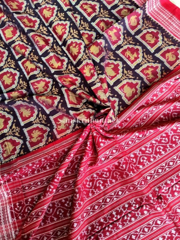 Animal Motifs Coffee Maroon Handloom Ikat Sambalpuri Cotton Saree