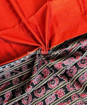 Gopalpur Orange Black Gicha Ikat Tussar Silk Saree