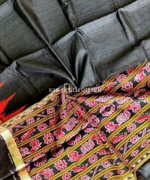 Gopalpur Black Orange Gicha Ikat Tussar Silk Saree