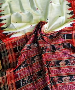 Off-White Black Red Handloom Temple Border Khandua Silk Saree