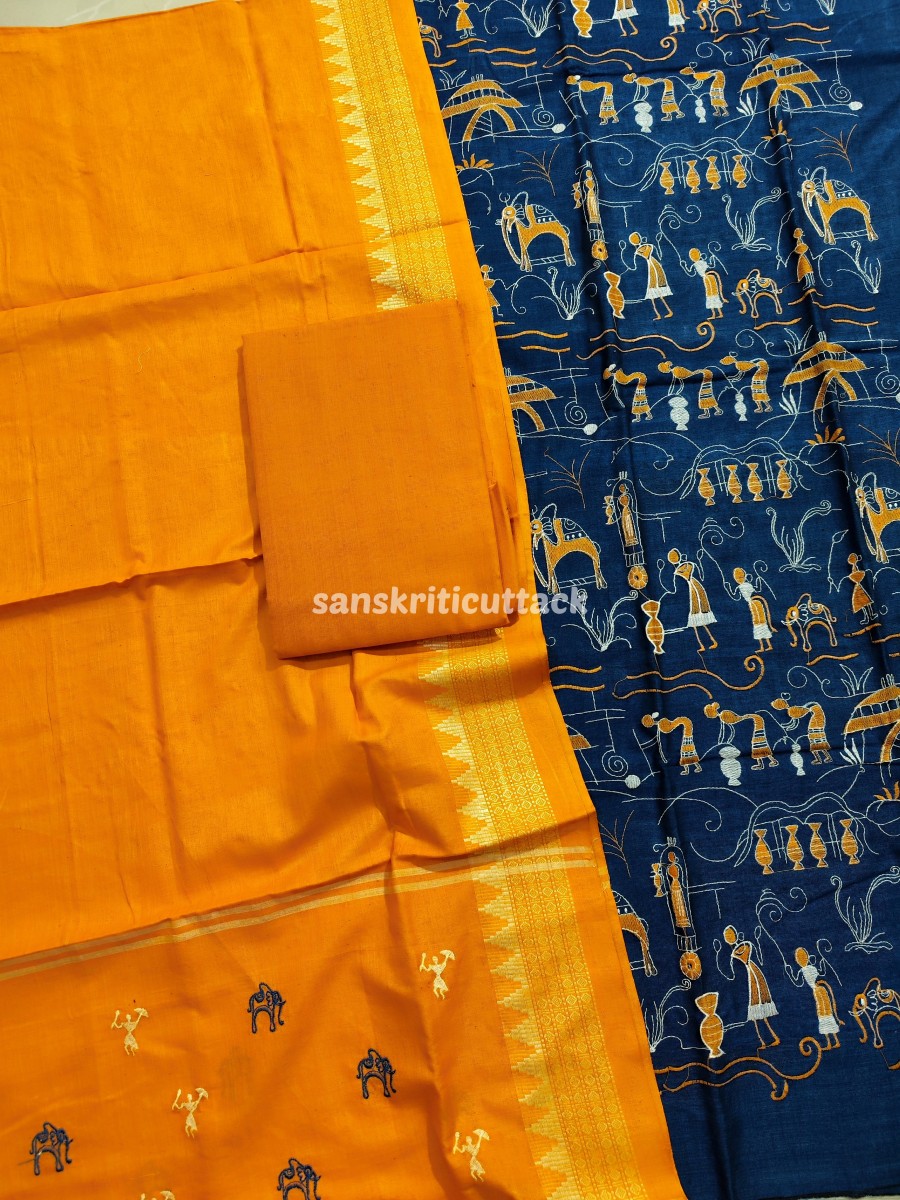 Indigo Yellow Nuapatna Embroidery Handloom Cotton Dress Material