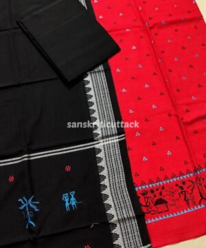 red Sambalpuri Handloom ikat cotton embroidery suit material