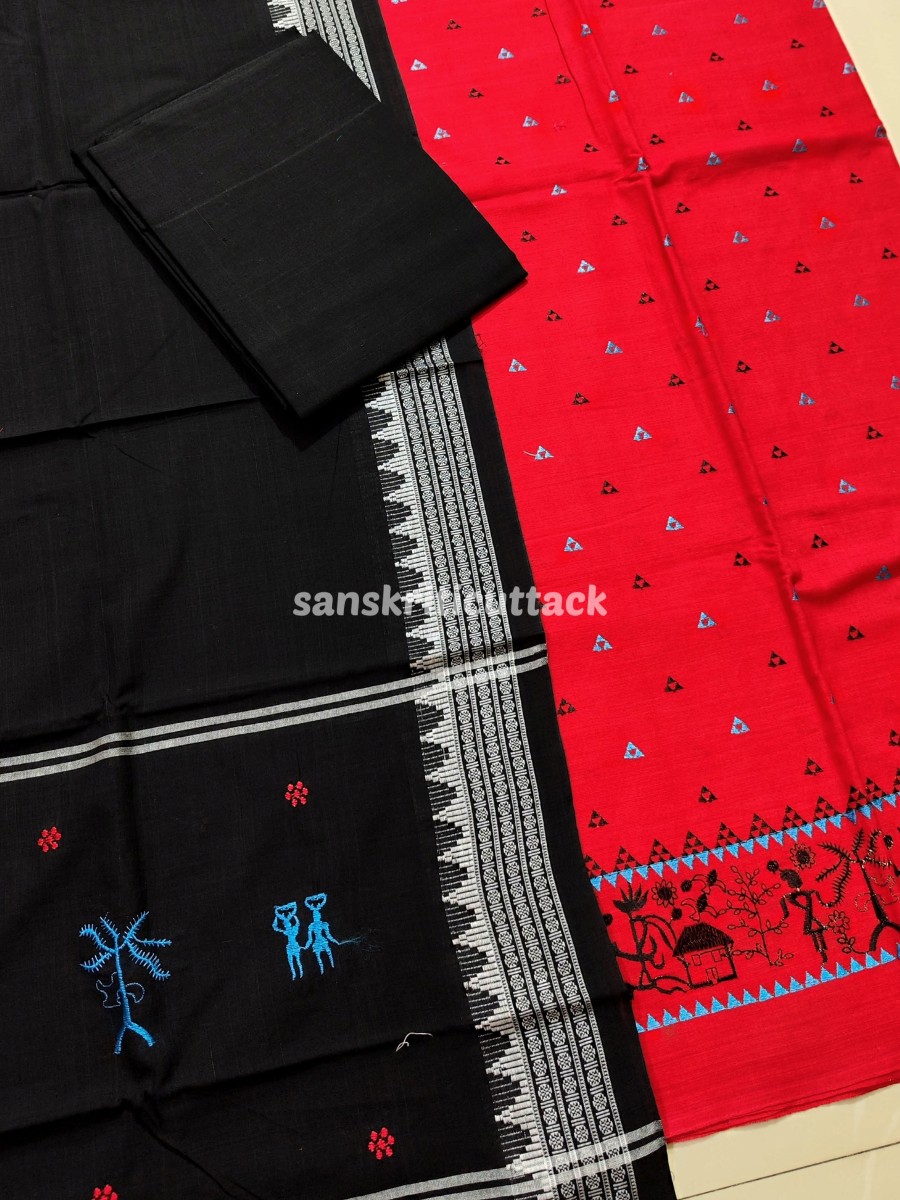 Photo_1670729239810 red Sambalpuri Handloom ikat cotton embroidery suit material