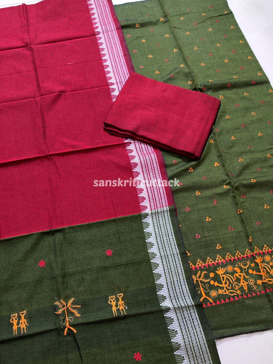 Olive Maroon Nuapatna Embroidery Handloom Cotton Dress Material
