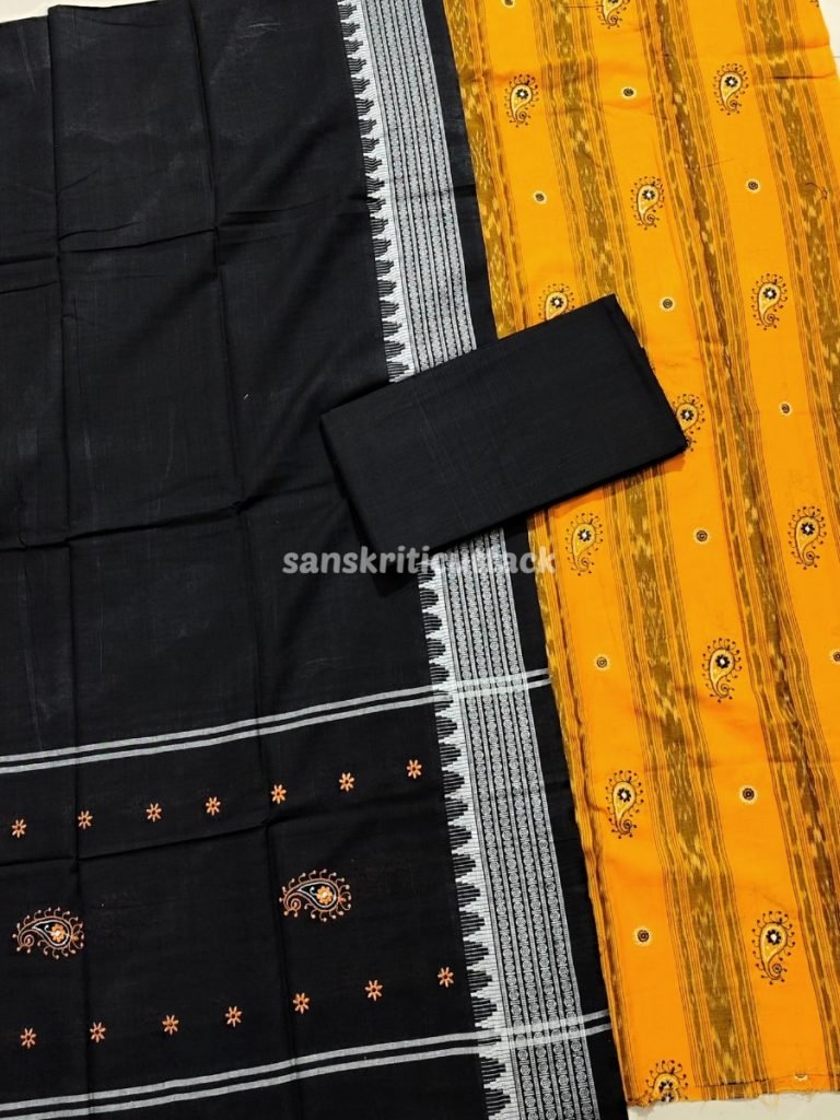 Yellow Sambalpuri Handloom ikat cotton embroidery suit material