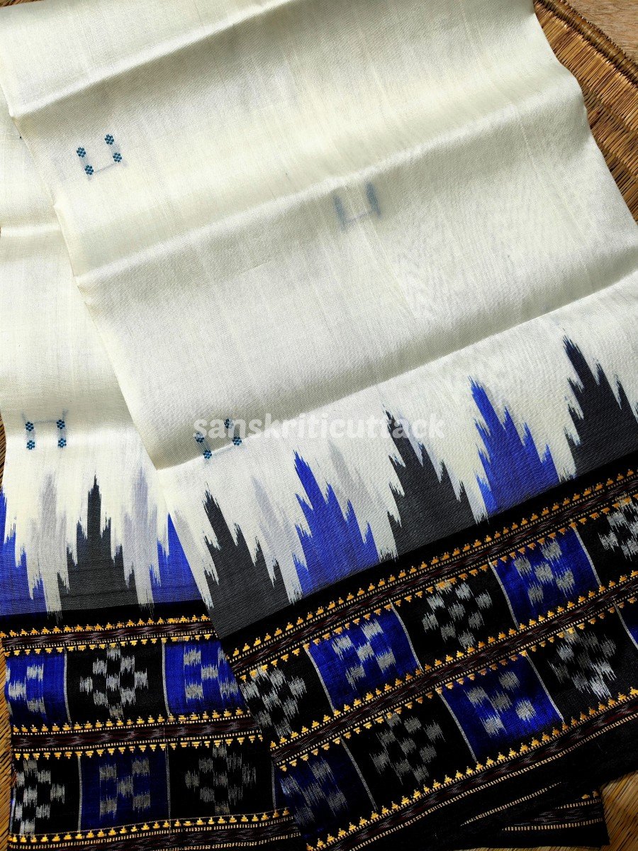 white and blue Khandua Silk Ikat Saree