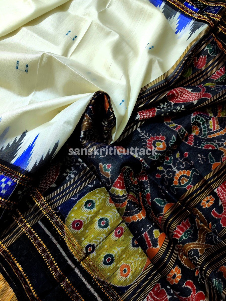 white and blue Khandua Silk Saree