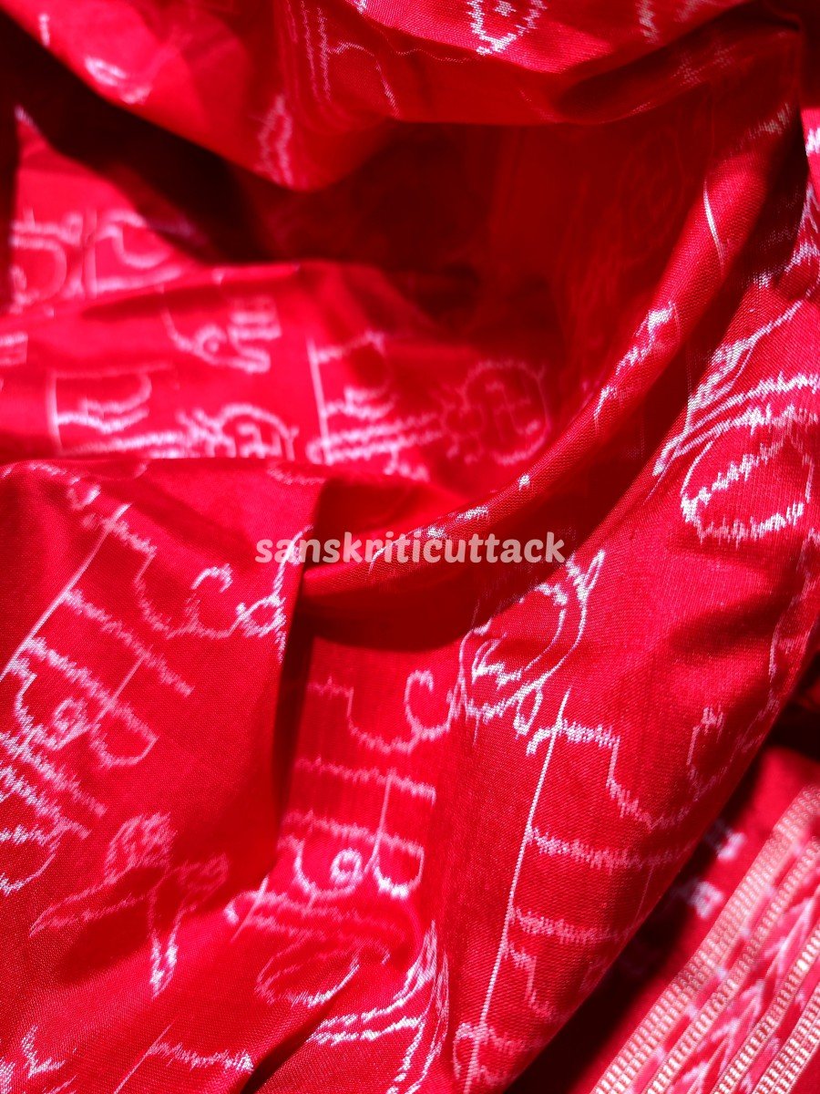 Script Handloom Ikat Red Sambalpuri Silk Saree
