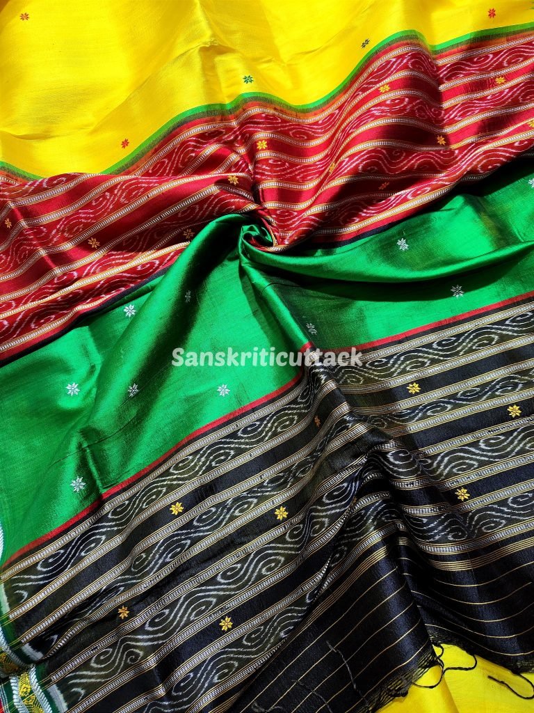 Chartreuse Yellow Sambalpuri Ikat Kathiphera Silk Saree