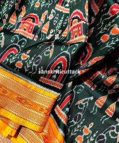 Dark green yellow Classic Khandua Pata saree with tribal motifs
