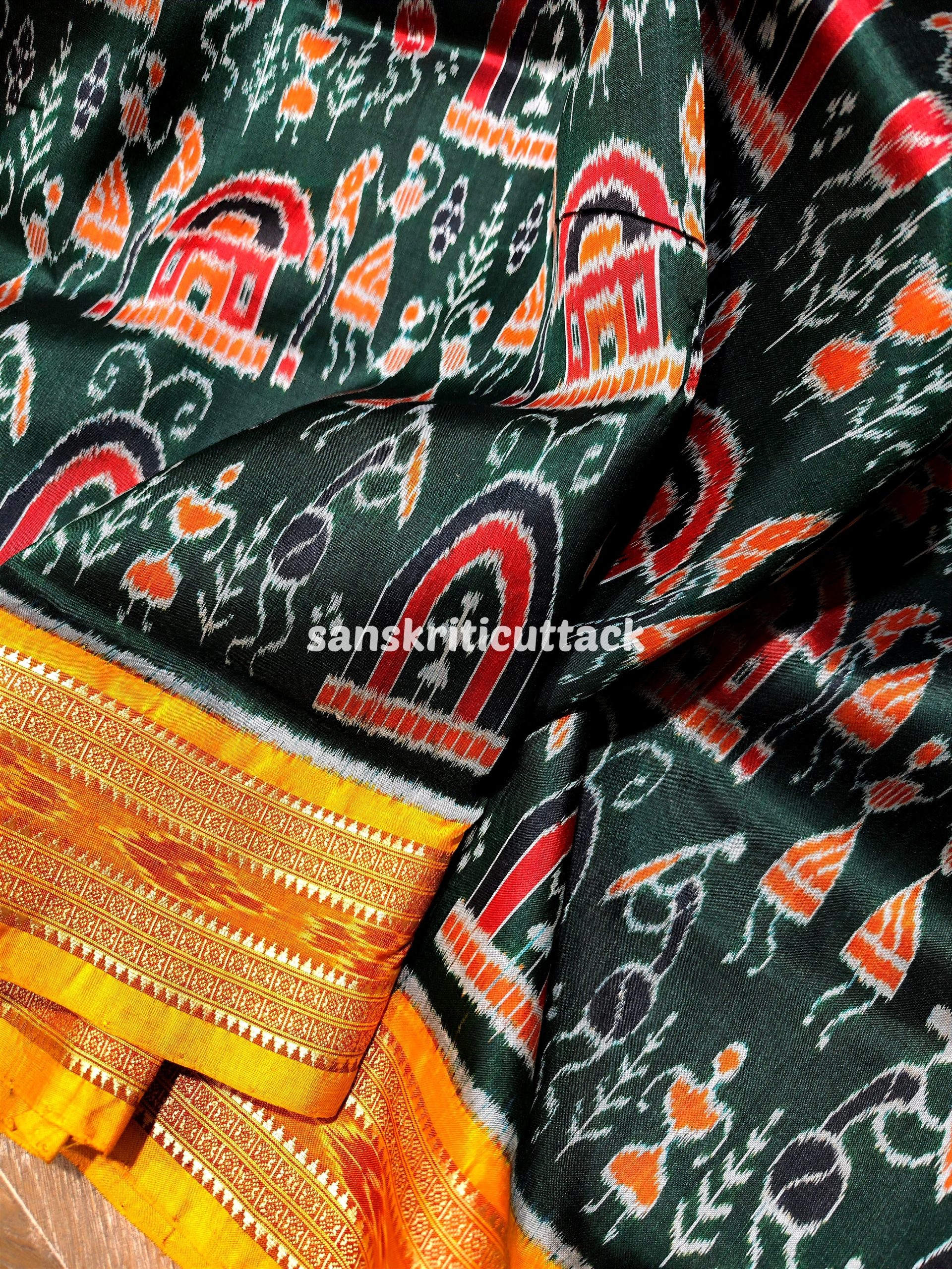 Photo_1678458295203 Dark green yellow Classic Khandua Pata saree with tribal motifs