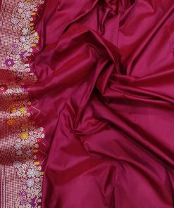 Wine Pure Katan Silk Banarasi Saree with Intricate Silver and Gold Zari Booties