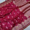 Wine Pure Katan Silk Banarasi Saree with Intricate Silver and Gold Zari Booties