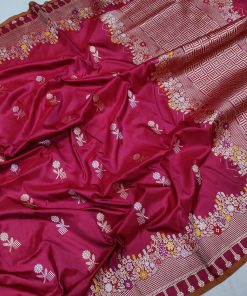Wine Pure Katan Silk Banarasi Saree with Intricate Silver and Gold Zari Booties
