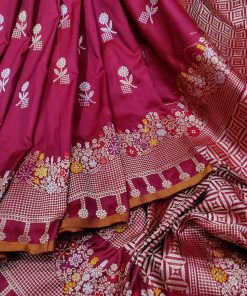Wine Pure Katan Silk Banarasi Saree with Intricate Silver and Gold Zari Booties