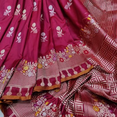 Wine Pure Katan Silk Banarasi Saree with Intricate Silver and Gold Zari Booties
