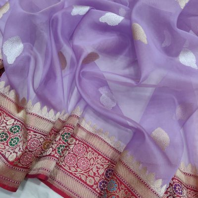 Violet Kora Handwoven Kadwa Silver and Gold Zari Banarasi Silk Saree