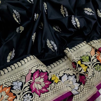Handwoven Black Katan Silk Saree with Kadwa Booties, Meenakari Border, and Zari Work