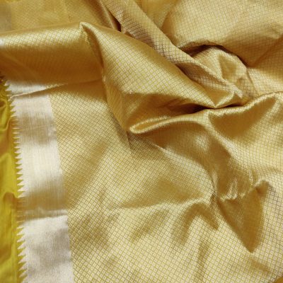 Mustard Katan Banarasi Silk Saree with Gold Zari Bird Motifs and Multicolour Meenakari Border