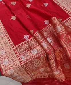 Handwoven Red Katan Silk Banarasi Saree with Silver and Gold Zari Bootas