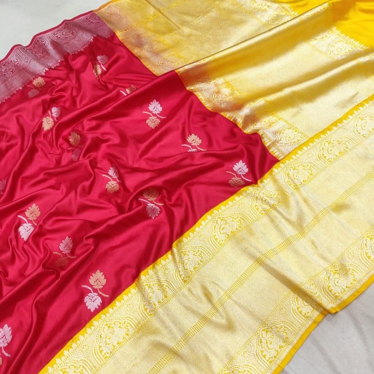 Elegant Red and Yellow Pure Katan Silk Banarasi Saree with Intricate Kadwa Ektara Weave