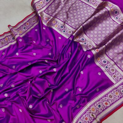 Regal Purple Banarasi Kadwa Katan Silk Saree with Silver and Gold Zari Flower Booties and Multicolor Resham Meenakari Border