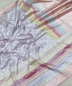 Light Lavender Katan Silk Banarasi Saree with Gold Zari Booties and Designer Shaded Multicolor Stripes