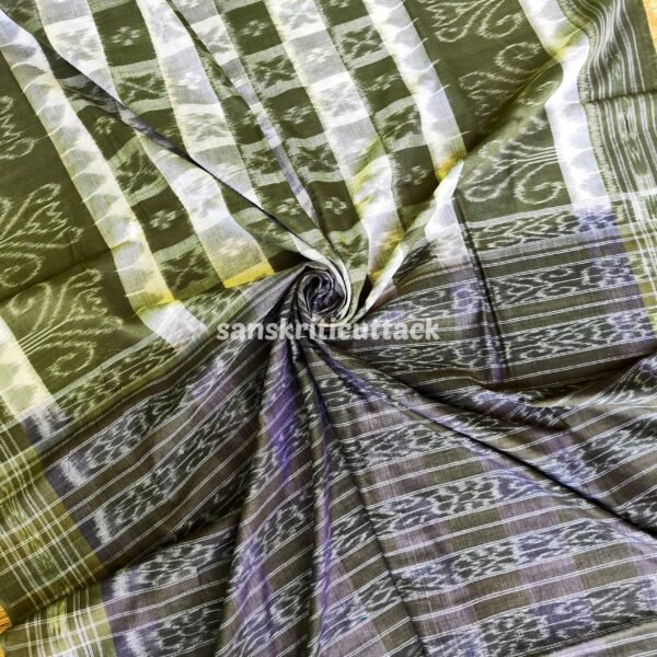 Army Green and White Nuapatna Ikat Cotton Saree