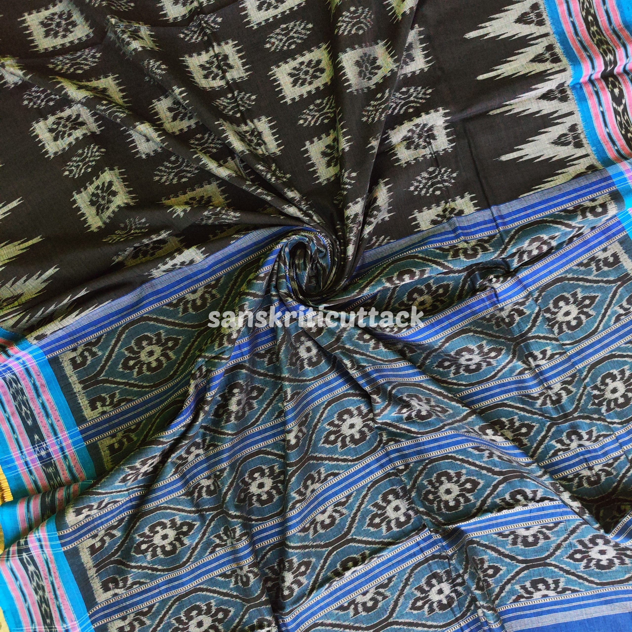 Buy Handmade Nuapatna Ikat Cotton Saree Online - Black Sky Blue Flowers