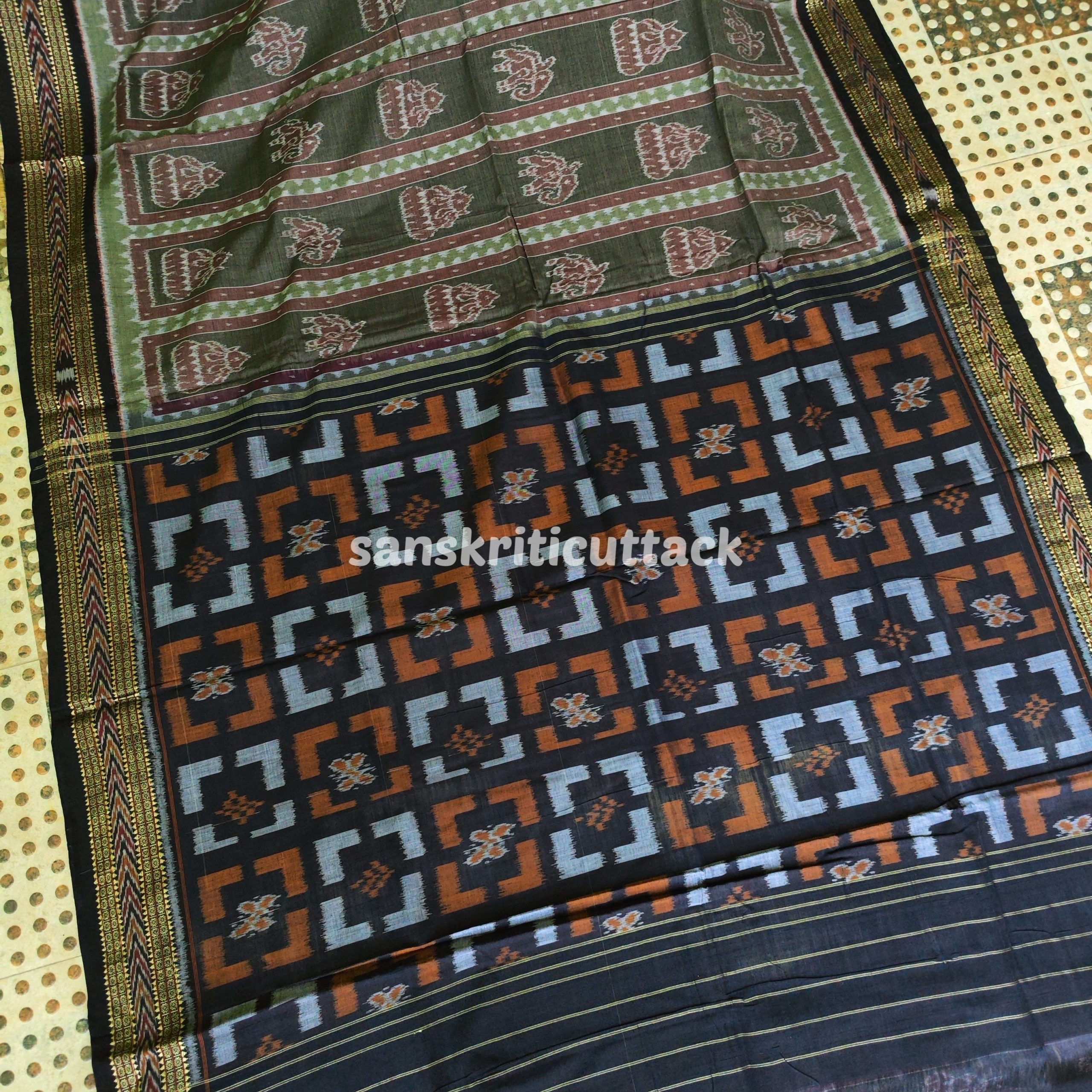 Photo_1680687827328 Dark Grey Black Elephant Kalash Khandua Cotton Saree: Handmade with Love in Nuapatna, Cuttack