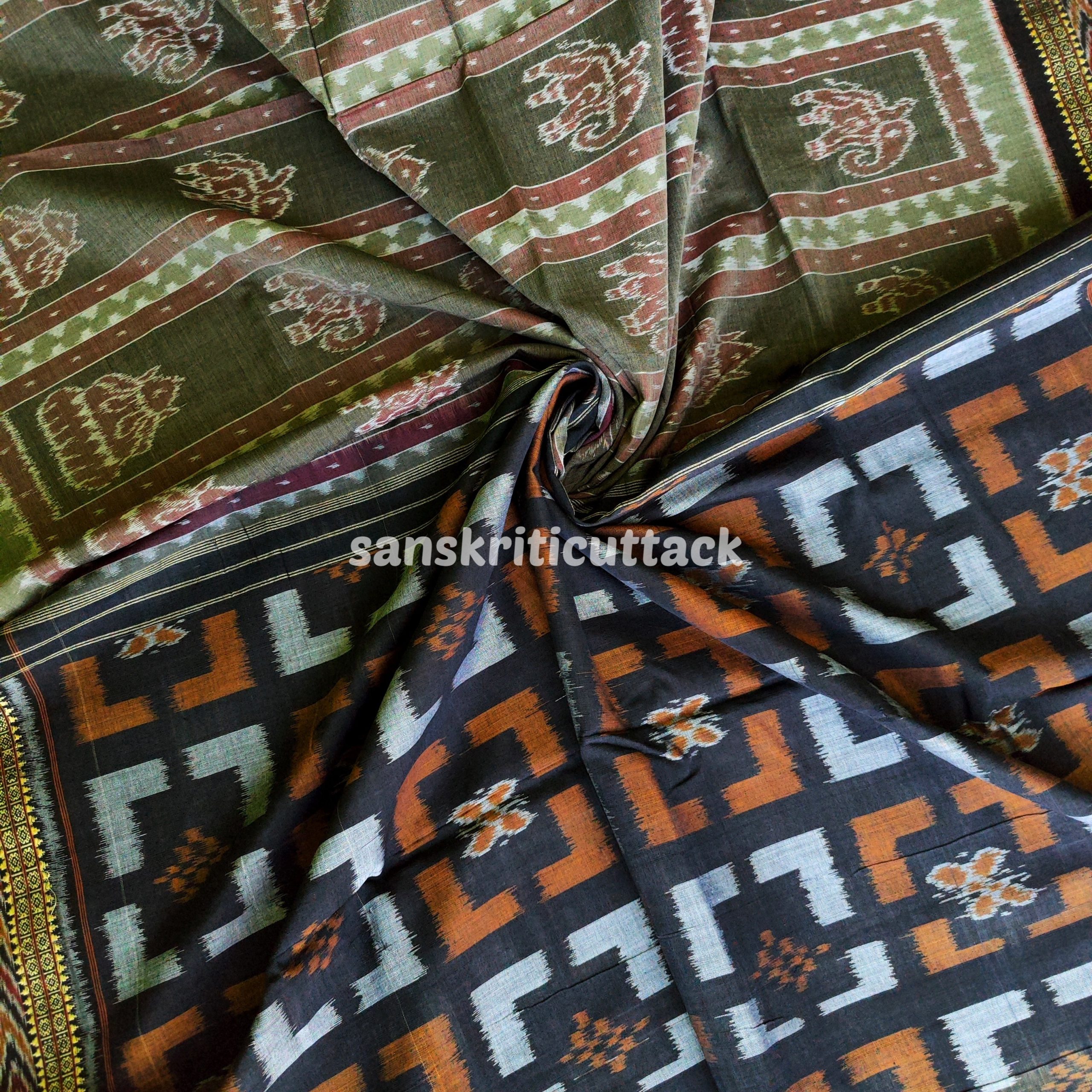 Photo_1680687827818 Dark Grey Black Elephant Kalash Khandua Cotton Saree: Handmade with Love in Nuapatna, Cuttack