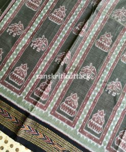 Dark Grey Black Elephant Kalash Khandua Cotton Saree: Handmade with Love in Nuapatna, Cuttack