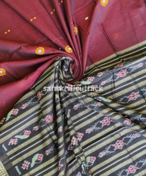 Maroon Black Bomkai Cotton Saree with Ikat Pallu - Buy Authentic Handloom Saree Online