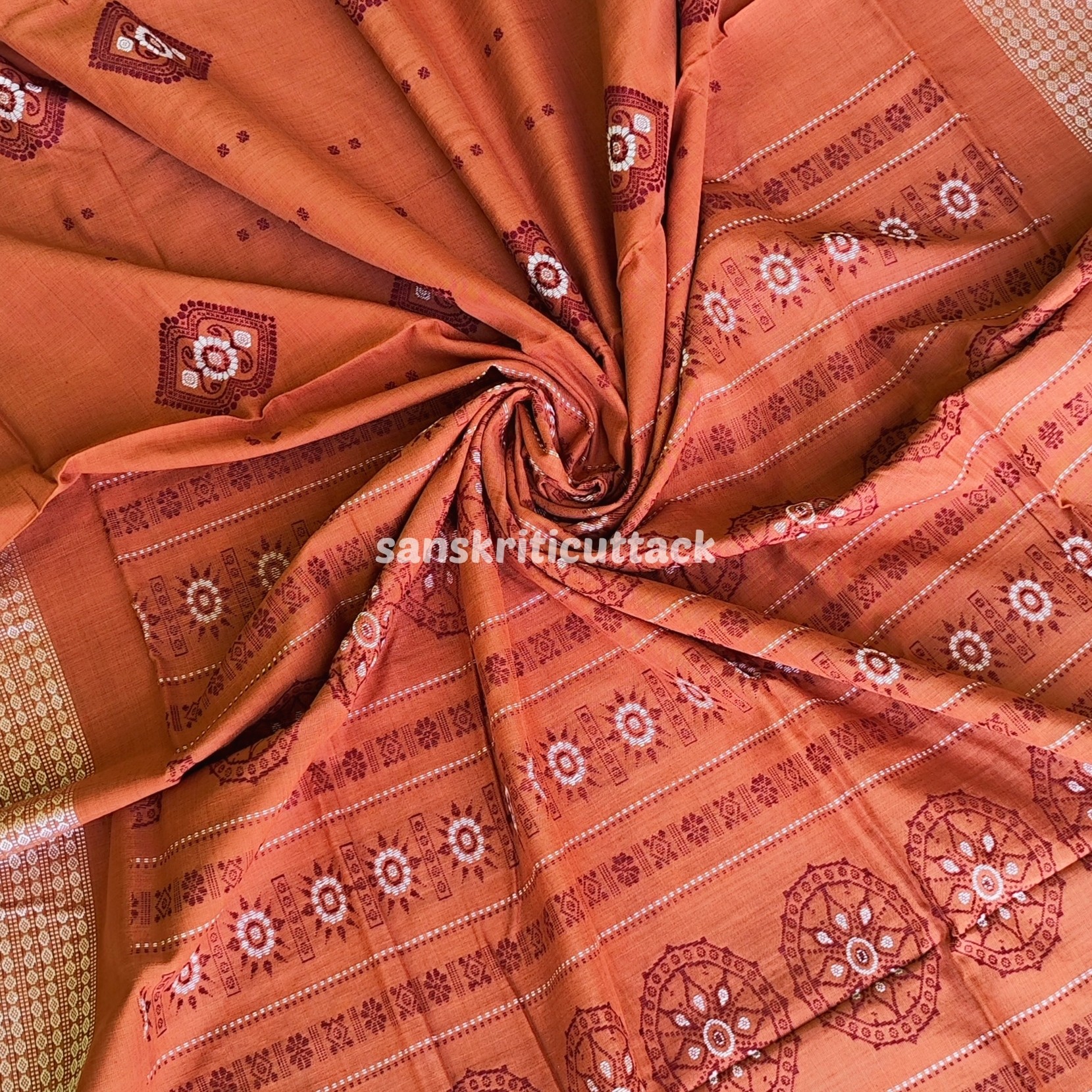 Sandalwood Bomkai Cotton Saree with Konark Chakra Pallu - Authentic Handloom Saree for Sale