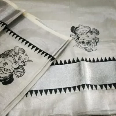 Kuthampully Silver kasavu saree