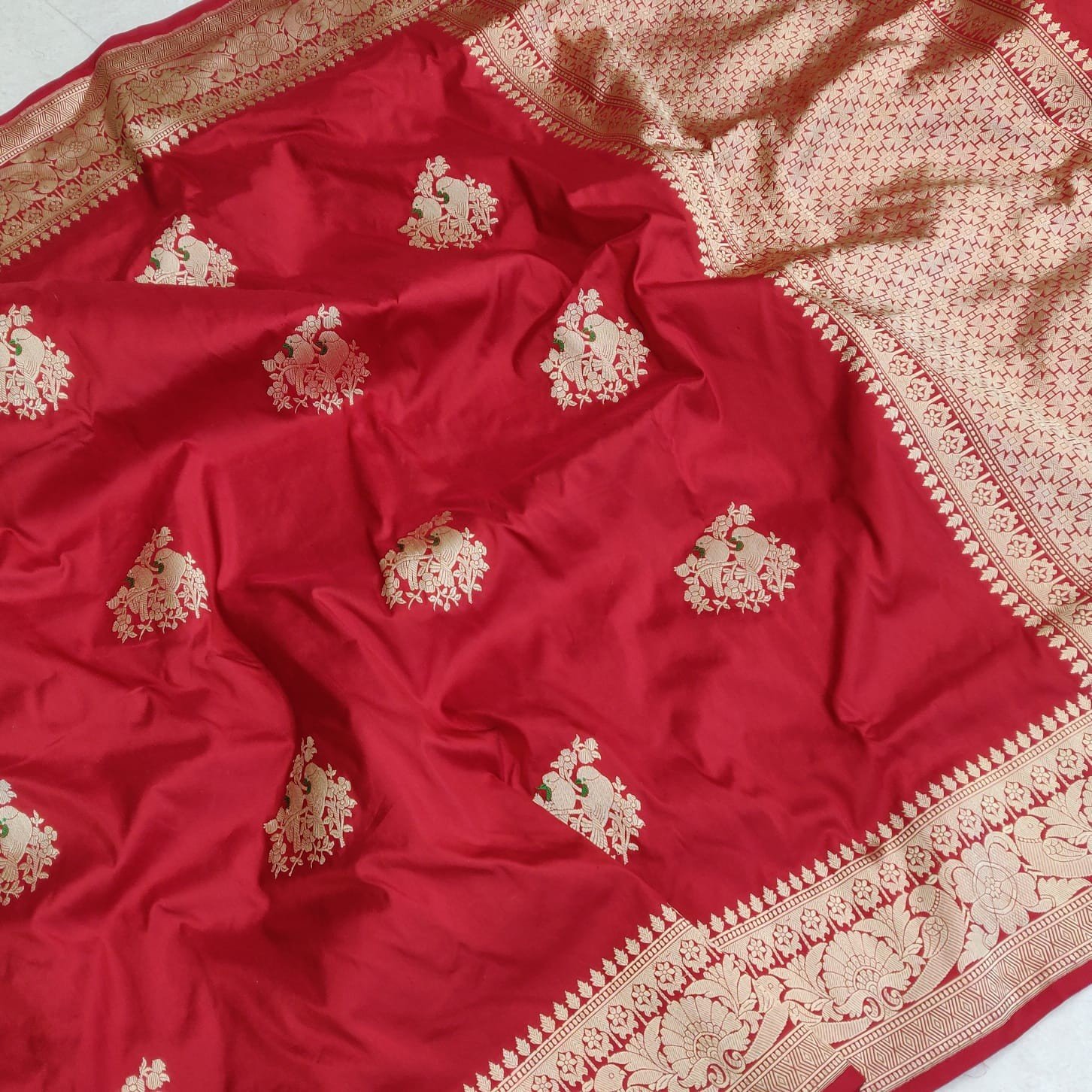 Red Kadwa Banarasi Katan Silk Saree with Resham Minakari Parrot Motifs