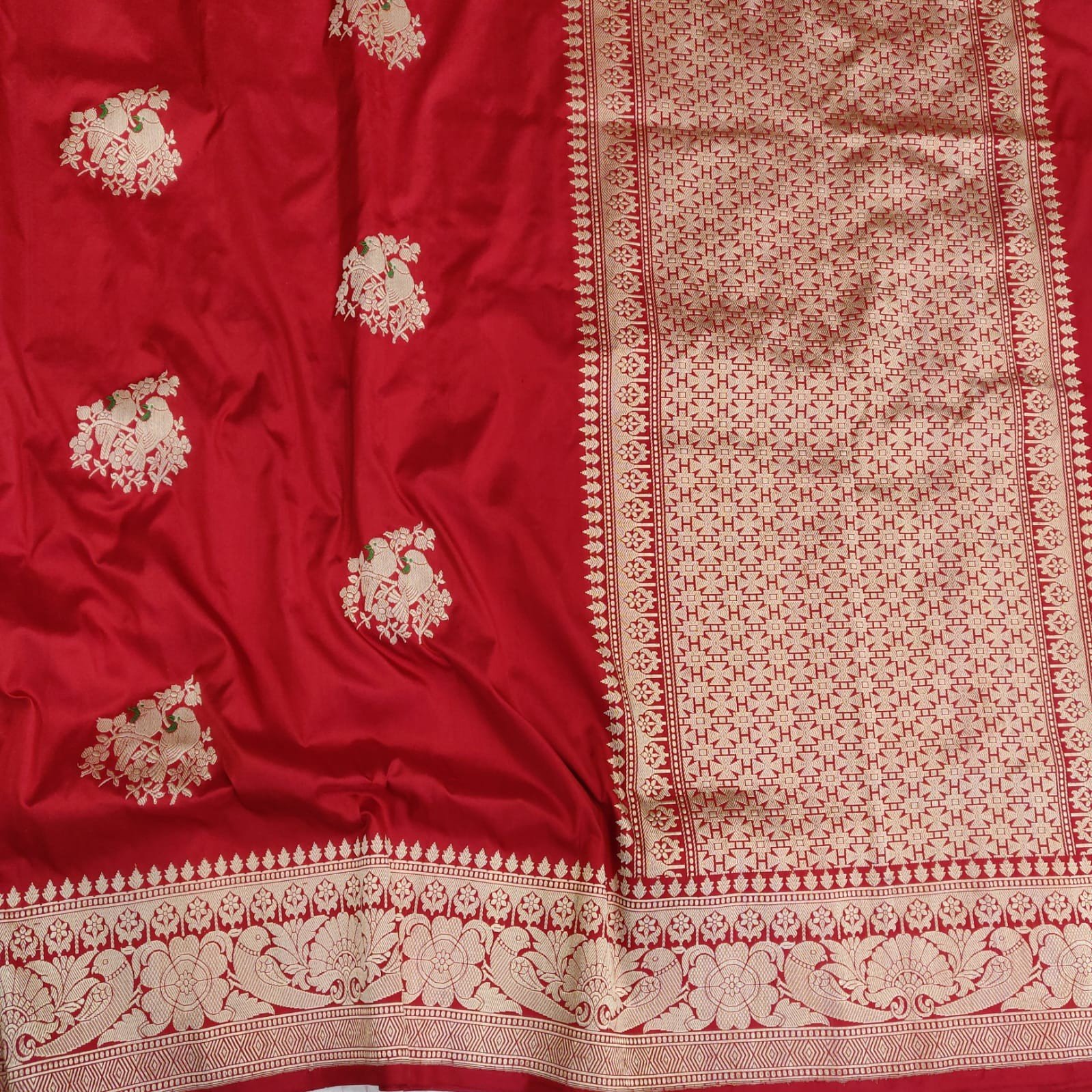 Red Kadwa Banarasi Katan Silk Saree with Resham Minakari Parrot Motifs - Image 2