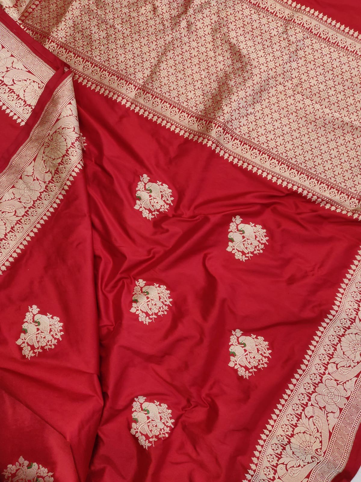 Red Kadwa Banarasi Katan Silk Saree with Resham Minakari Parrot Motifs - Image 3