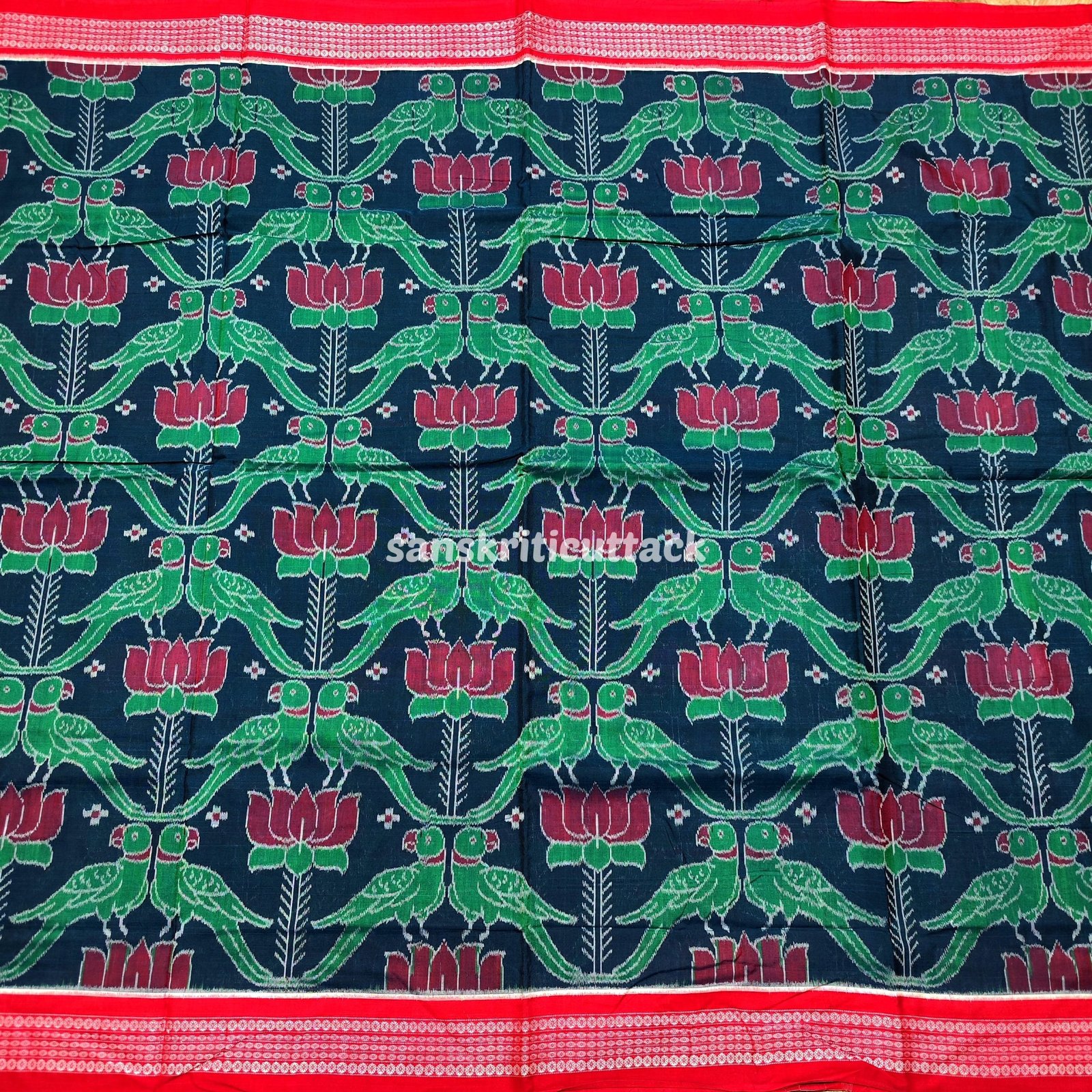 Lotus Parrot Cotton Sambalpuri Saree in Blue and Red - Image 5
