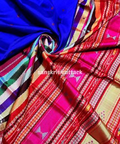 Buy Berhampuri Double Pallu Royal Blue Silk Saree with Multicolor Ikat Palla & Red Blouse Online