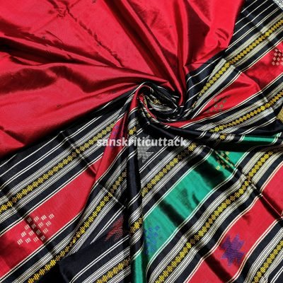 Berhampuri Double Pallu Maroon Silk Saree | Black Phoda Kumbha Border | Multi-Color Pallu | Maroon Blouse