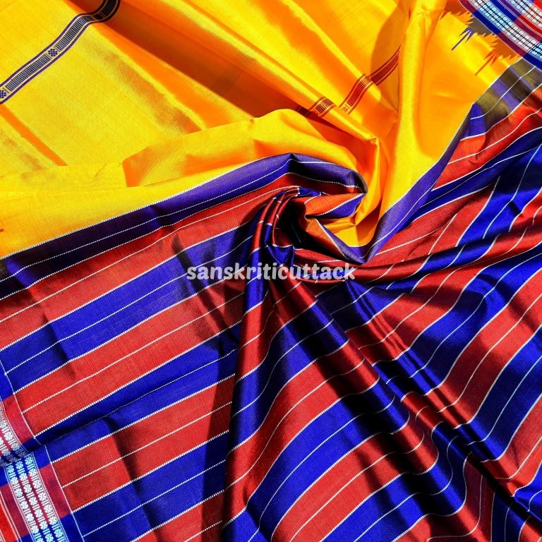 Buy Berhampuri Double Pallu Silk Yellow Handloom Saree Online | Red and Blue Striped Blouse Included