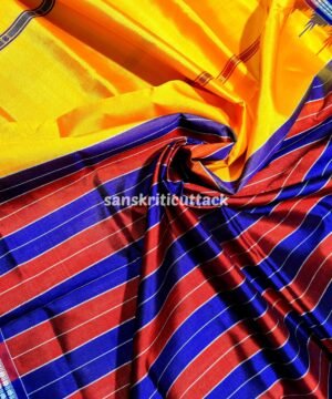 Buy Berhampuri Double Pallu Silk Yellow Handloom Saree Online | Red and Blue Striped Blouse Included