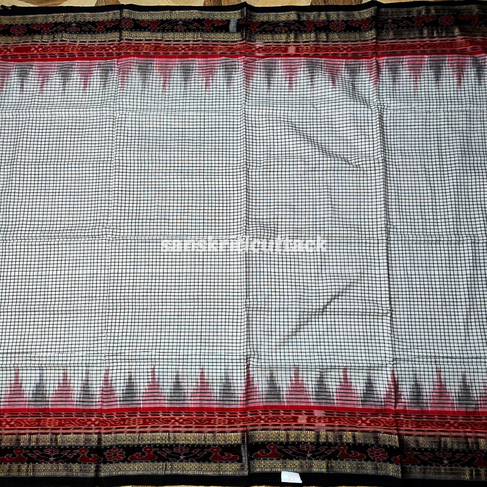 Off-white Black Sachipar Cotton Saree without Blouse - Image 3