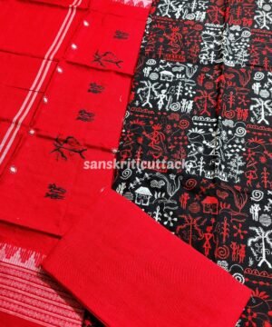 Red Black Embroidery Nuapatna Handloom Cotton Dress Material