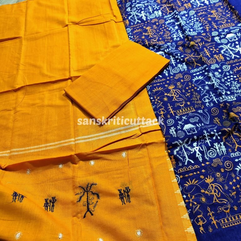 Blue Yellow Embroidery Nuapatna Handloom Cotton Dress Material